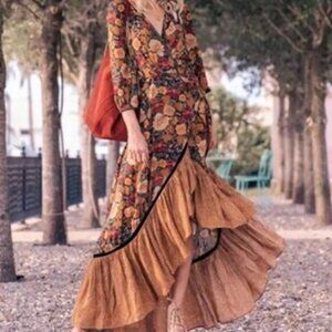 Floral V-Neck Ruffle Hem Wrap Dress
